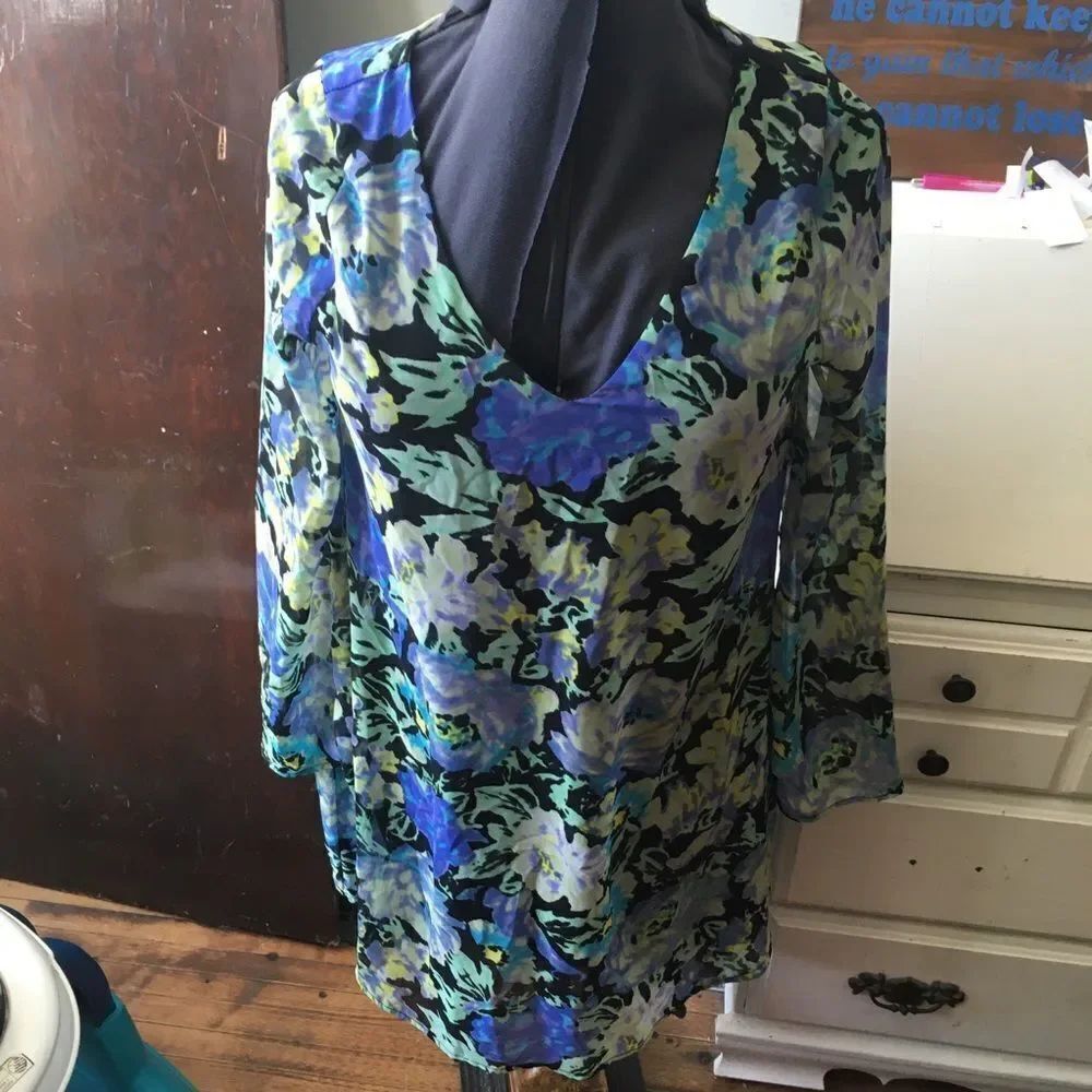 Everly M floral semi sheer v-neck 70’s colorful minidress